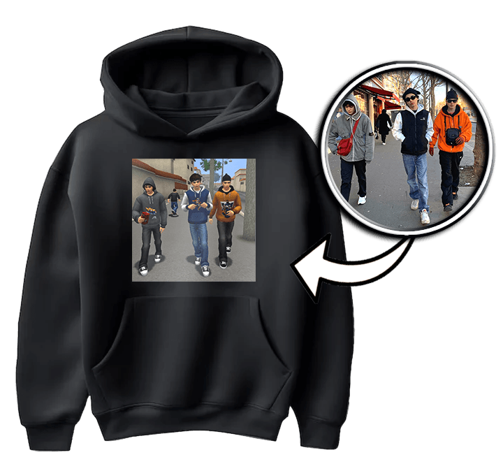 Personalized sweatshirt with your photo turned into PS2 style graphics